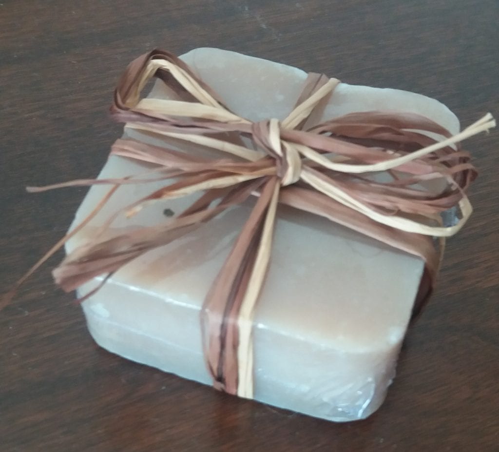 Vegan Maple Soap wrapped in plastic and with a straw bow string