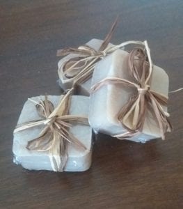 3 square bars of vegan maple soap, wrapped in straw bows